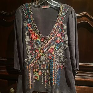 Johnny Was Silk Embroidered Top